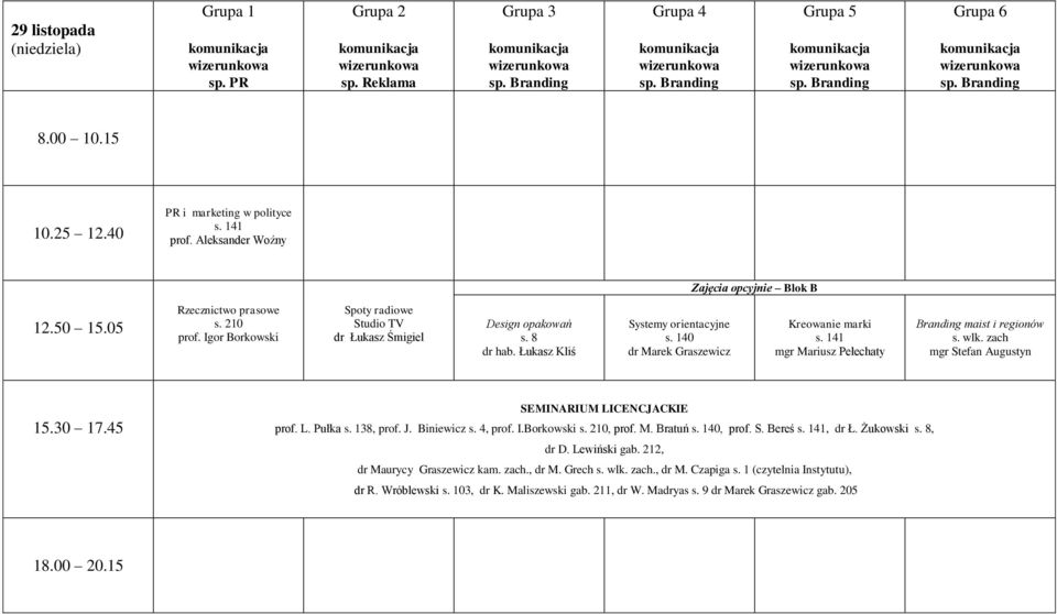 141 mgr Mariusz Pełechaty Branding maist i regionów s. wlk. zach mgr Stefan Augustyn SEMINARIUM LICENCJACKIE prof. L. Pułka, prof. J. Biniewicz s. 4, prof. I.Borkowski s. 210, prof. M. Bratuń s.
