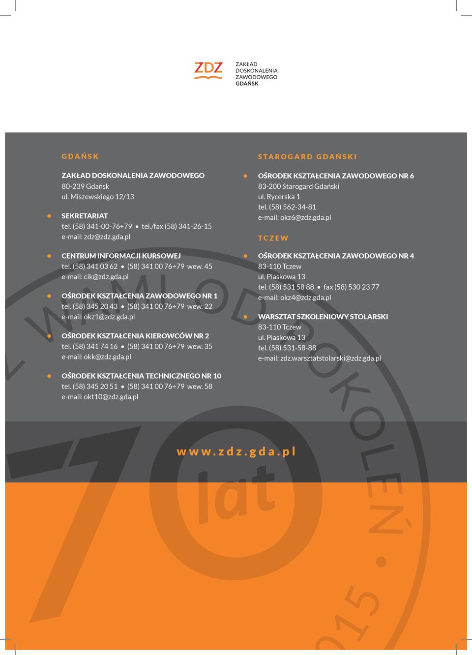 (58) 341 74 16 (58) 341 00 76 79 wew. 35 e-mail: okk@zdz.gda.pl STAROGARD GDAŃSKI OŚRODEK KSZTAŁCENIA ZAWODOWEGO NR 6 83-200 Starogard Gdański ul. Rycerska 1 tel. (58) 562-34-81 e-mail: okz6@zdz.gda.pl TCZEW OŚRODEK KSZTAŁCENIA ZAWODOWEGO NR 4 83-110 Tczew ul.