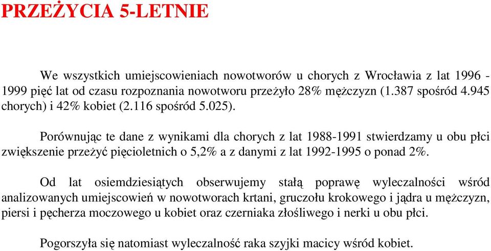 Porównując te dane z wynikami dla chorych z lat 1988-1991 stwierdzamy u obu płci zwiększenie przeżyć pięcioletnich o 5,2% a z danymi z lat 1992-1995 o ponad 2%.