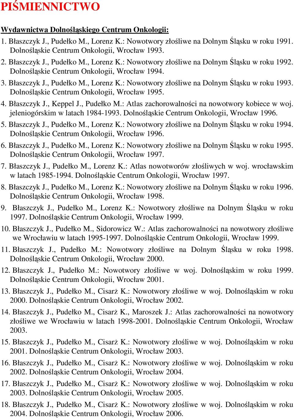 Dolnośląskie Centrum Onkologii, Wrocław 1995. 4. Błaszczyk J., Keppel J., Pudełko M.: Atlas zachorowalności na nowotwory kobiece w woj. jeleniogórskim w latach 1984-1993.