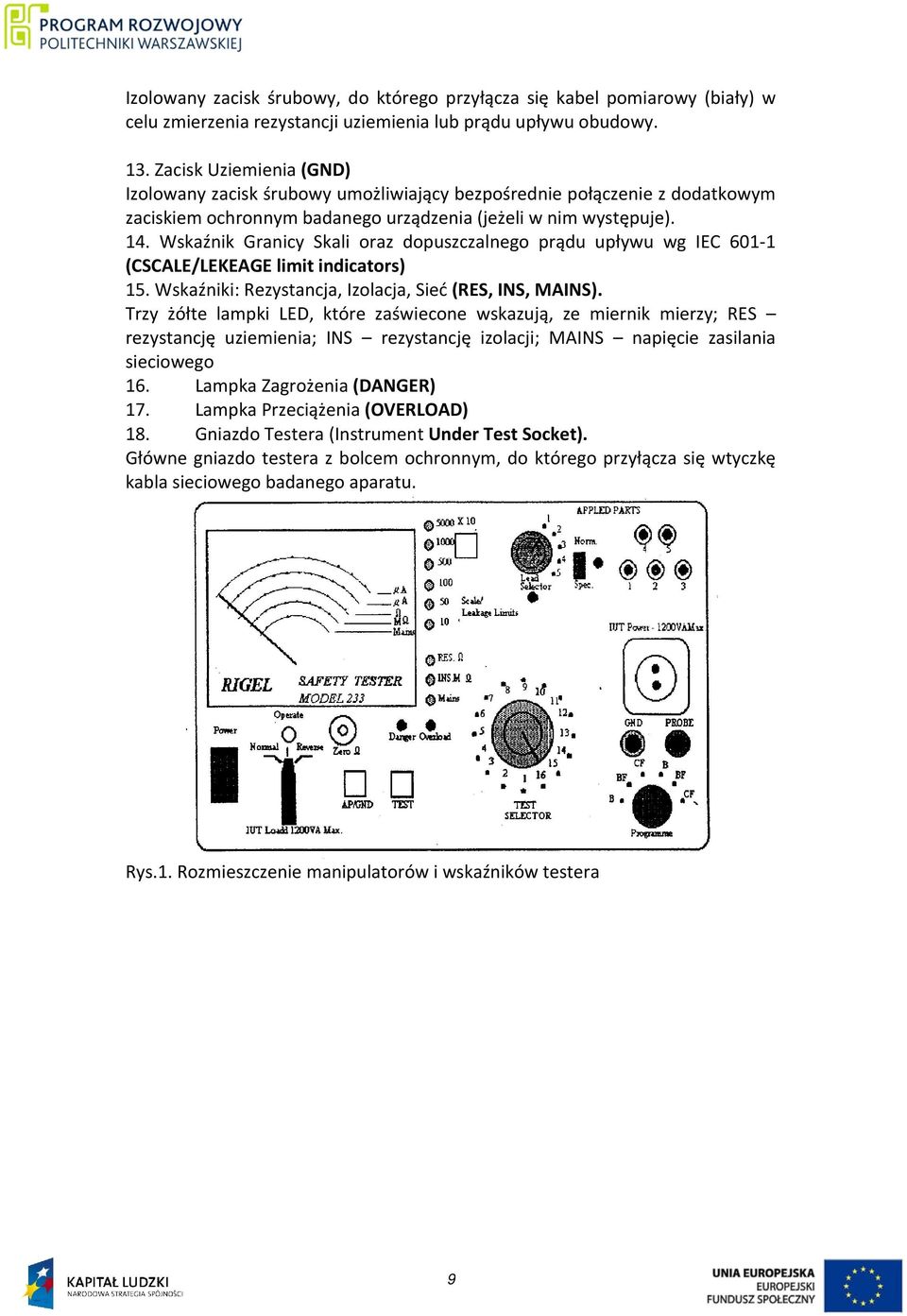 Wskaźnik Granicy Skali oraz dopuszczalnego prądu upływu wg IEC 601-1 (CSCALE/LEKEAGE limit indicators) 15. Wskaźniki: Rezystancja, Izolacja, Sieć (RES, INS, MAINS).