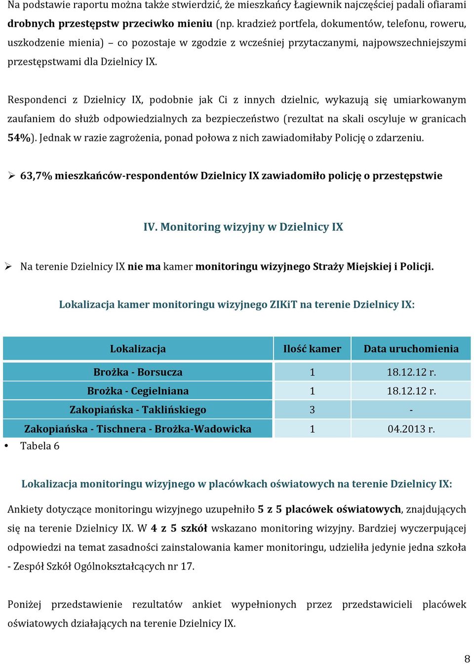 Respondenci z Dzielnicy IX, podobnie jak Ci z innych dzielnic, wykazują się umiarkowanym zaufaniem do służb odpowiedzialnych za bezpieczeństwo (rezultat na skali oscyluje w granicach 54%).