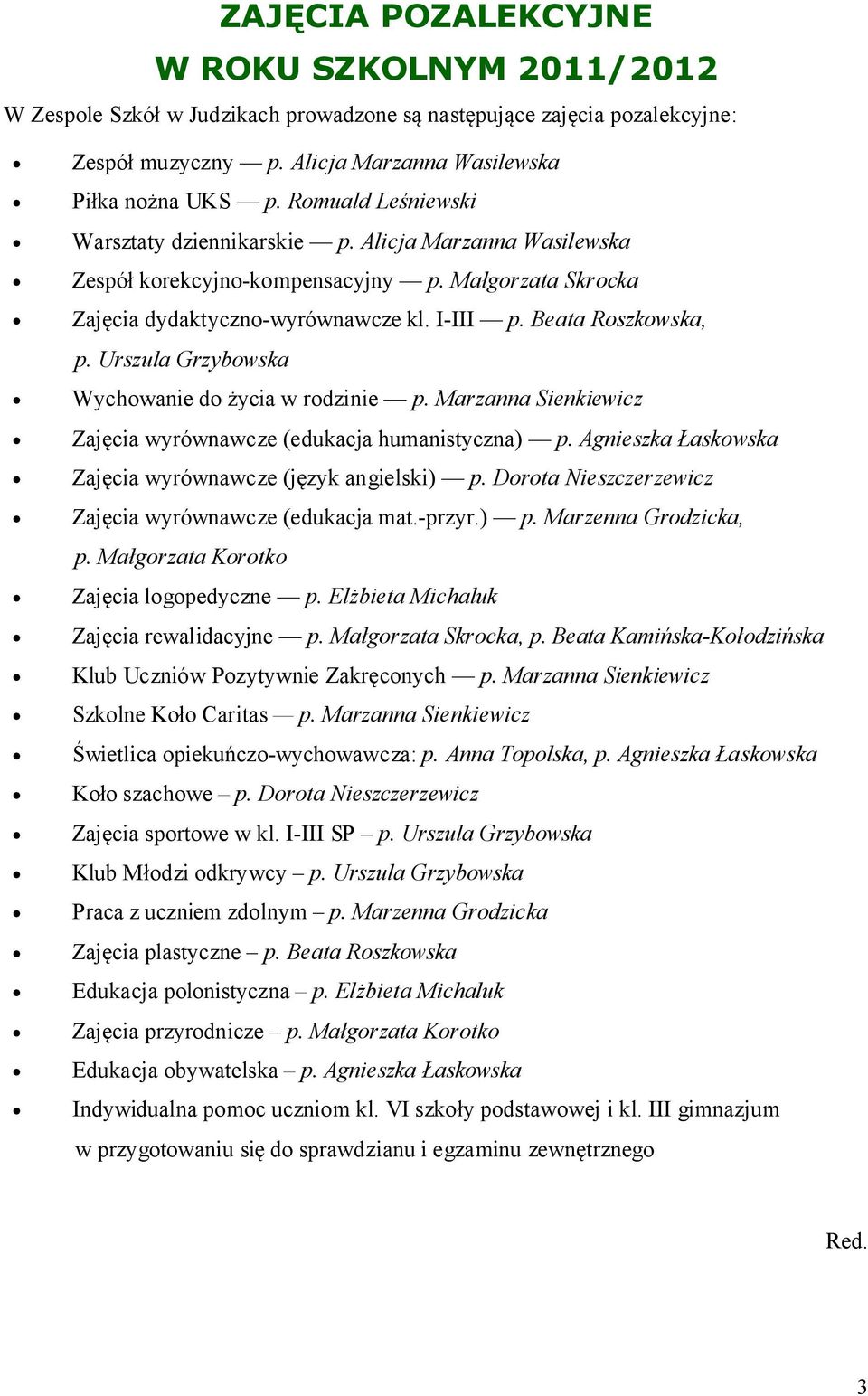 Urszula Grzybowska Wychowanie do życia w rodzinie p. Marzanna Sienkiewicz Zajęcia wyrównawcze (edukacja humanistyczna) p. Agnieszka Łaskowska Zajęcia wyrównawcze (język angielski) p.