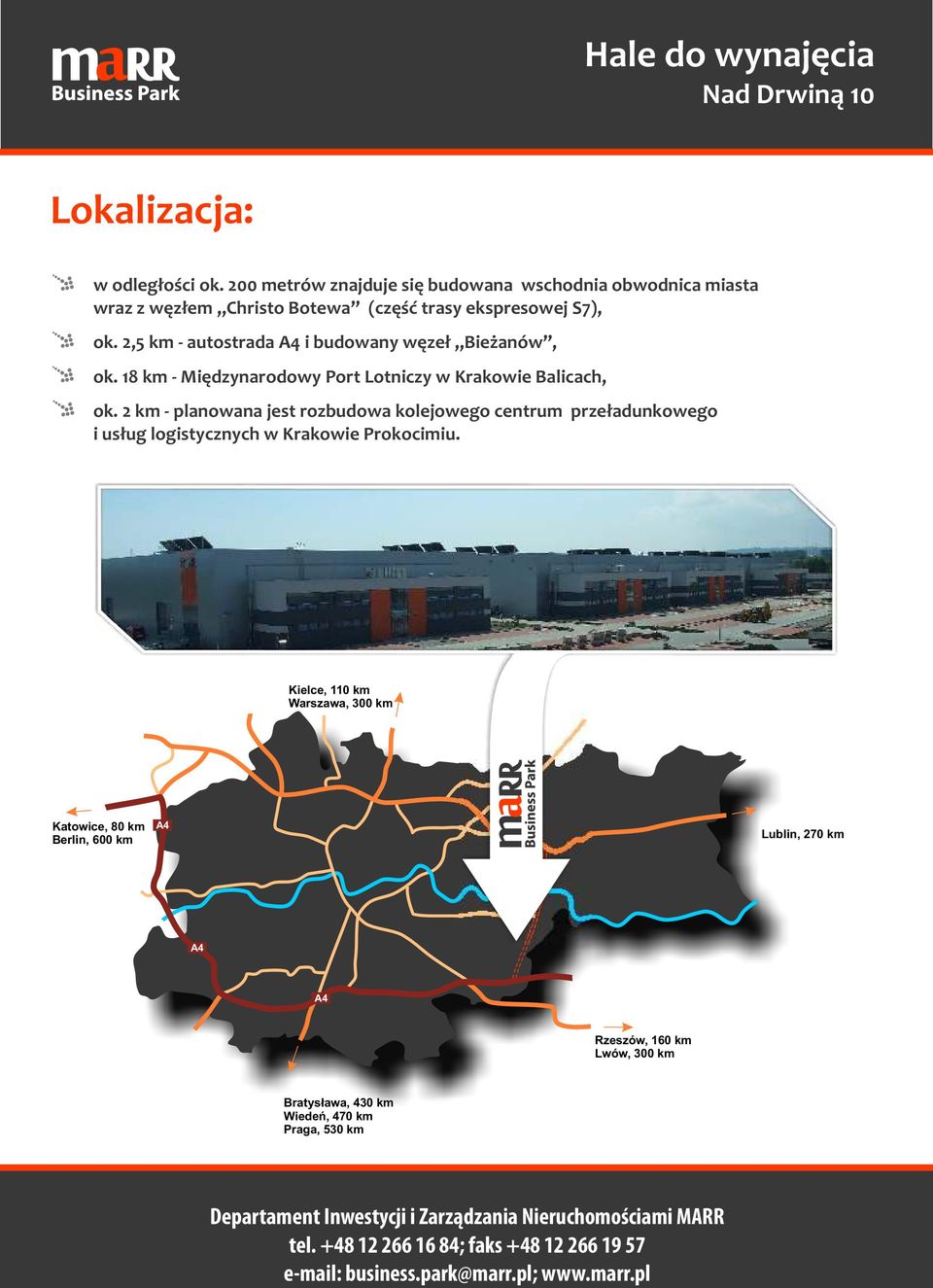 2,5 km - autostrada A4 i budowany węzeł Bieżanów, ok. 18 km - Międzynarodowy Port Lotniczy w Krakowie Balicach, ok.