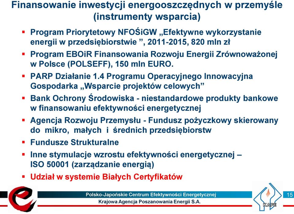 4 Programu Operacyjnego Innowacyjna Gospodarka Wsparcie projektów celowych Bank Ochrony Środowiska - niestandardowe produkty bankowe w finansowaniu efektywności energetycznej Agencja Rozwoju