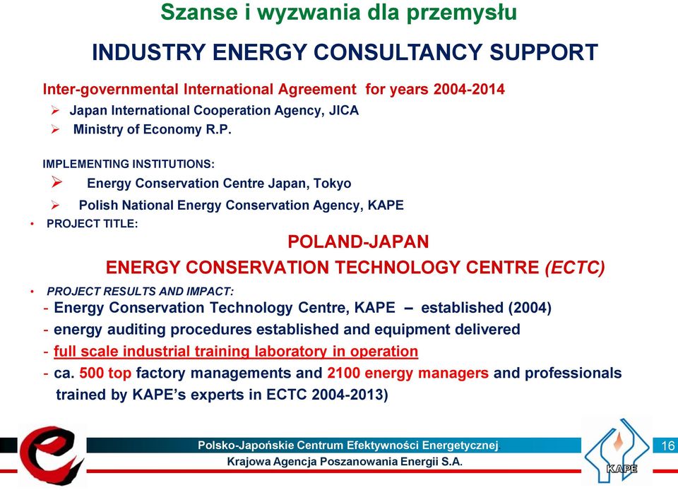 IMPLEMENTING INSTITUTIONS: Energy Conservation Centre Japan, Tokyo Polish National Energy Conservation Agency, KAPE PROJECT TITLE: POLAND-JAPAN ENERGY CONSERVATION TECHNOLOGY CENTRE