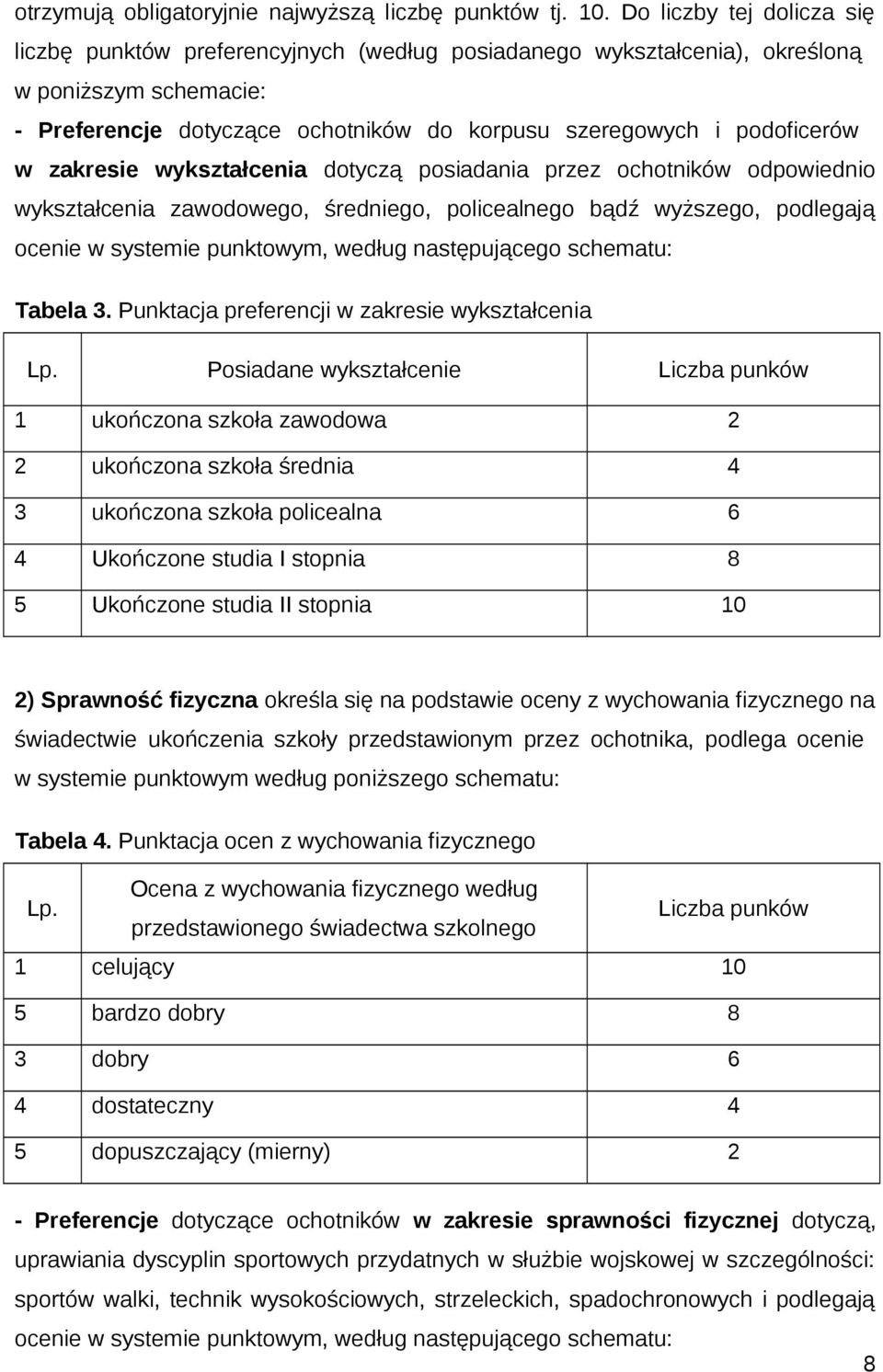 zakresie wykształcenia dotyczą posiadania przez ochotników odpowiednio wykształcenia zawodowego, średniego, policealnego bądź wyższego, podlegają ocenie w systemie punktowym, według następującego