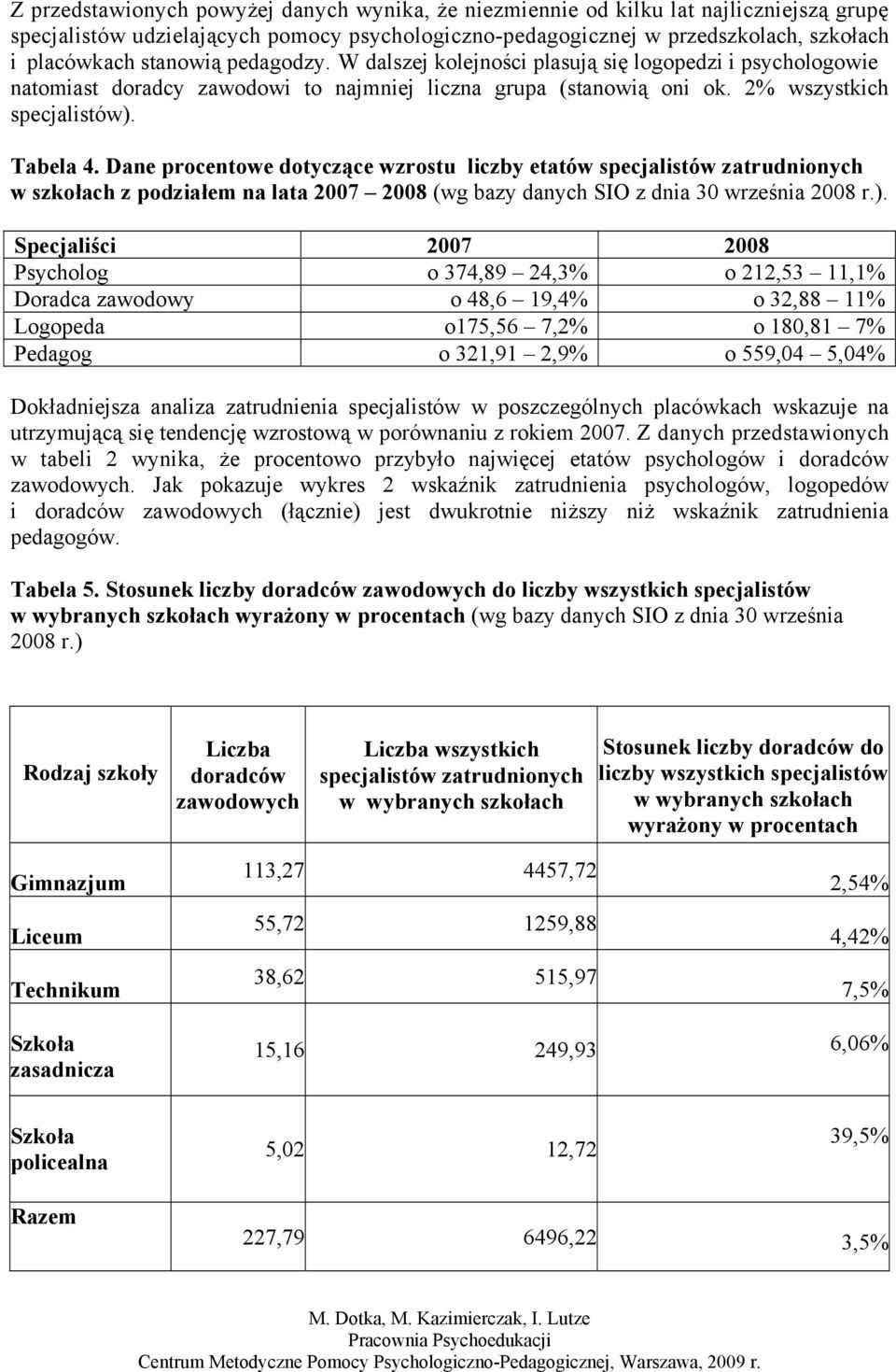 Dane procentowe dotyczące wzrostu liczby etatów specjalistów zatrudnionych w szkołach z podziałem na lata 2007 2008 (wg bazy danych SIO z dnia 30 września 2008 r.).