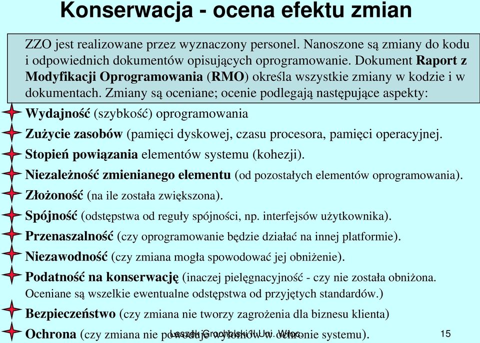 Zmiany są oceniane; ocenie podlegają następujące aspekty: Wydajność (szybkość) oprogramowania Zużycie zasobów (pamięci dyskowej, czasu procesora, pamięci operacyjnej.