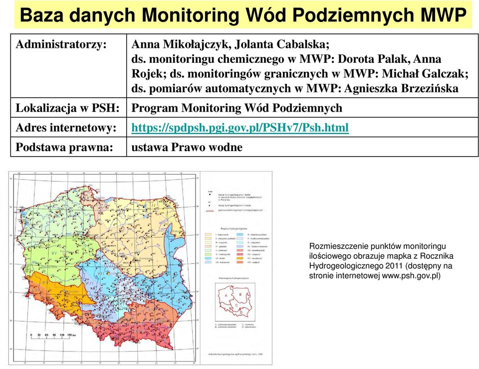 pomiarów automatycznych w MWP: Agnieszka Brzezińska Lokalizacja w PSH: Program Monitoring Wód Podziemnych Adres internetowy: https://spdpsh.