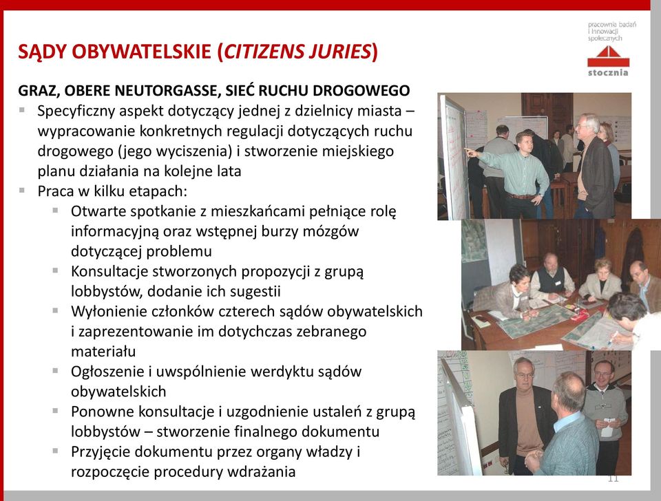 problemu Konsultacje stworzonych propozycji z grupą lobbystów, dodanie ich sugestii Wyłonienie członków czterech sądów obywatelskich i zaprezentowanie im dotychczas zebranego materiału Ogłoszenie i