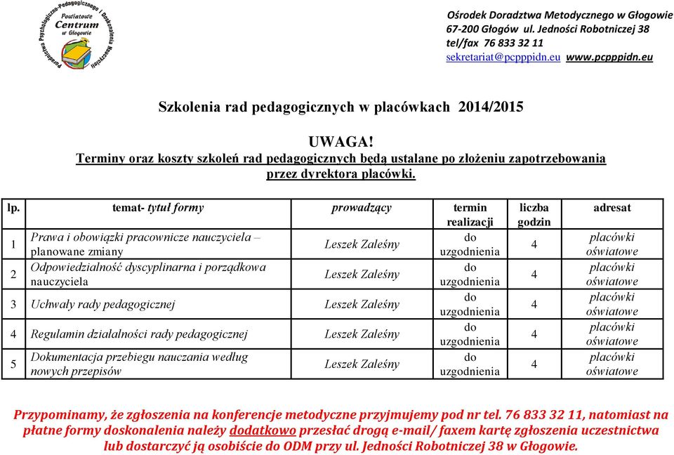 temat- tytuł formy prowadzący termin realizacji 1 Prawa i obowiązki pracownicze nauczyciela Leszek Zaleśny planowane zmiany uzgodnienia 2 Odpowiedzialność dyscyplinarna i porządkowa Leszek Zaleśny