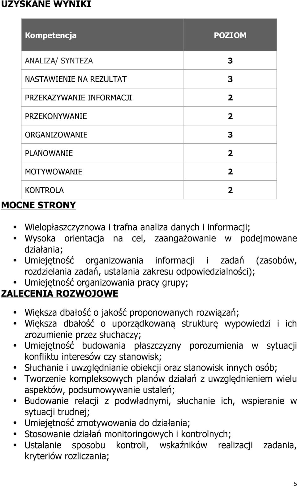 ustalania zakresu odpowiedzialności); Umiejętność organizowania pracy grupy; ZALECENIA ROZWOJOWE Większa dbałość o jakość proponowanych rozwiązań; Większa dbałość o uporządkowaną strukturę wypowiedzi