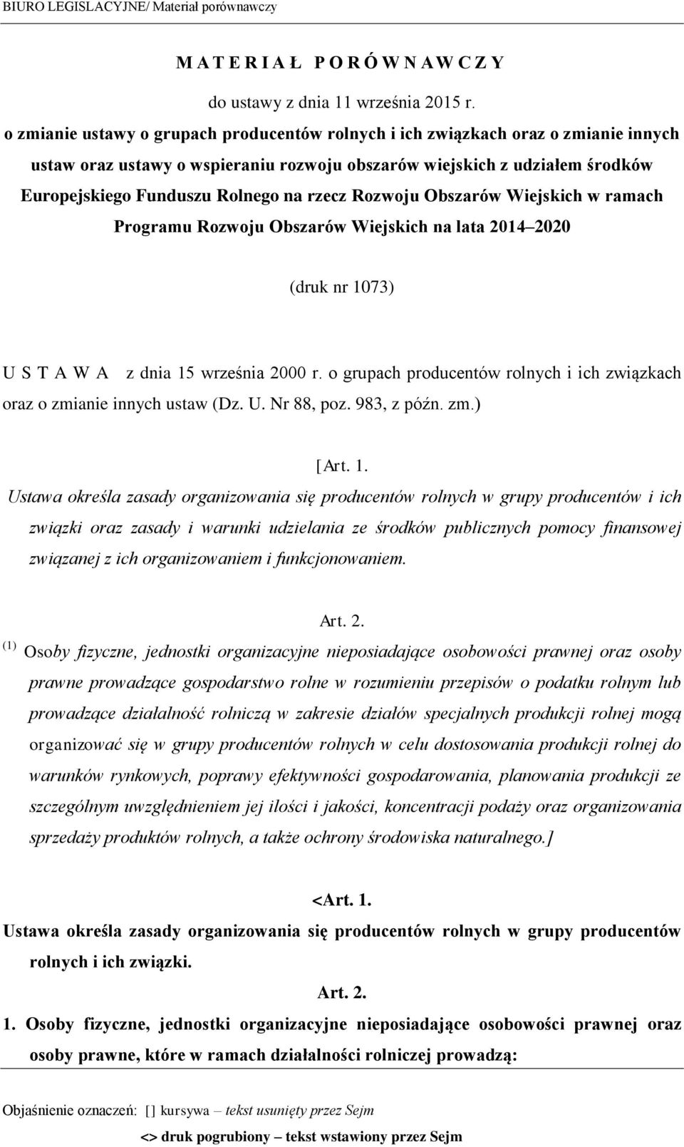 rzecz Rozwoju Obszarów Wiejskich w ramach Programu Rozwoju Obszarów Wiejskich na lata 2014 2020 (druk nr 1073) U S T A W A z dnia 15 września 2000 r.