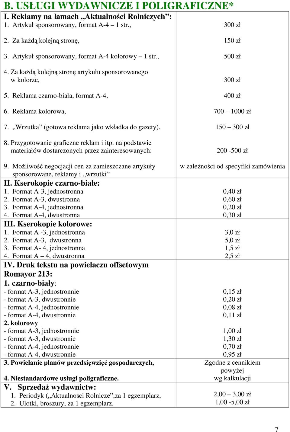 Wrzutka (gotowa reklama jako wkładka do gazety). 8. Przygotowanie graficzne reklam i itp. na podstawie materiałów dostarczonych przez zainteresowanych: 9.