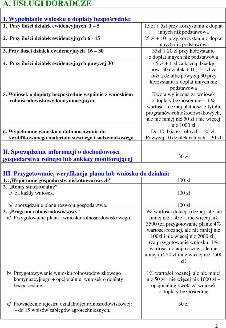 Przy ilości działek ewidencyjnych 16 30 35zł + 20 zł przy korzystaniu z dopłat innych niż podstawowa 4. Przy ilości działek ewidencyjnych powyżej 30 45 zł + 1 zł za każdą działkę pow.