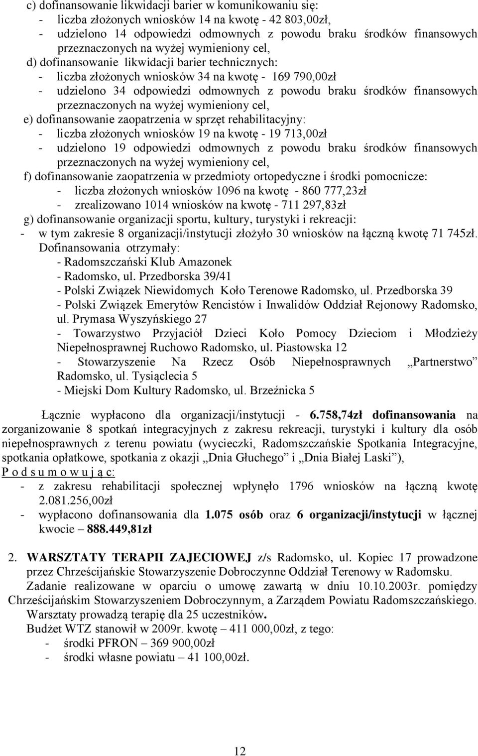 finansowych przeznaczonych na wyżej wymieniony cel, e) dofinansowanie zaopatrzenia w sprzęt rehabilitacyjny: - liczba złożonych wniosków 19 na kwotę - 19 713,00zł - udzielono 19 odpowiedzi odmownych