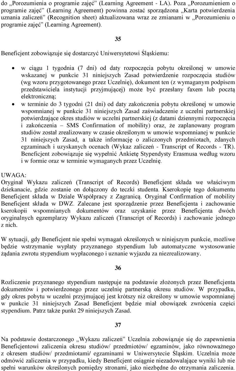 zajęć (Learning Agreement).