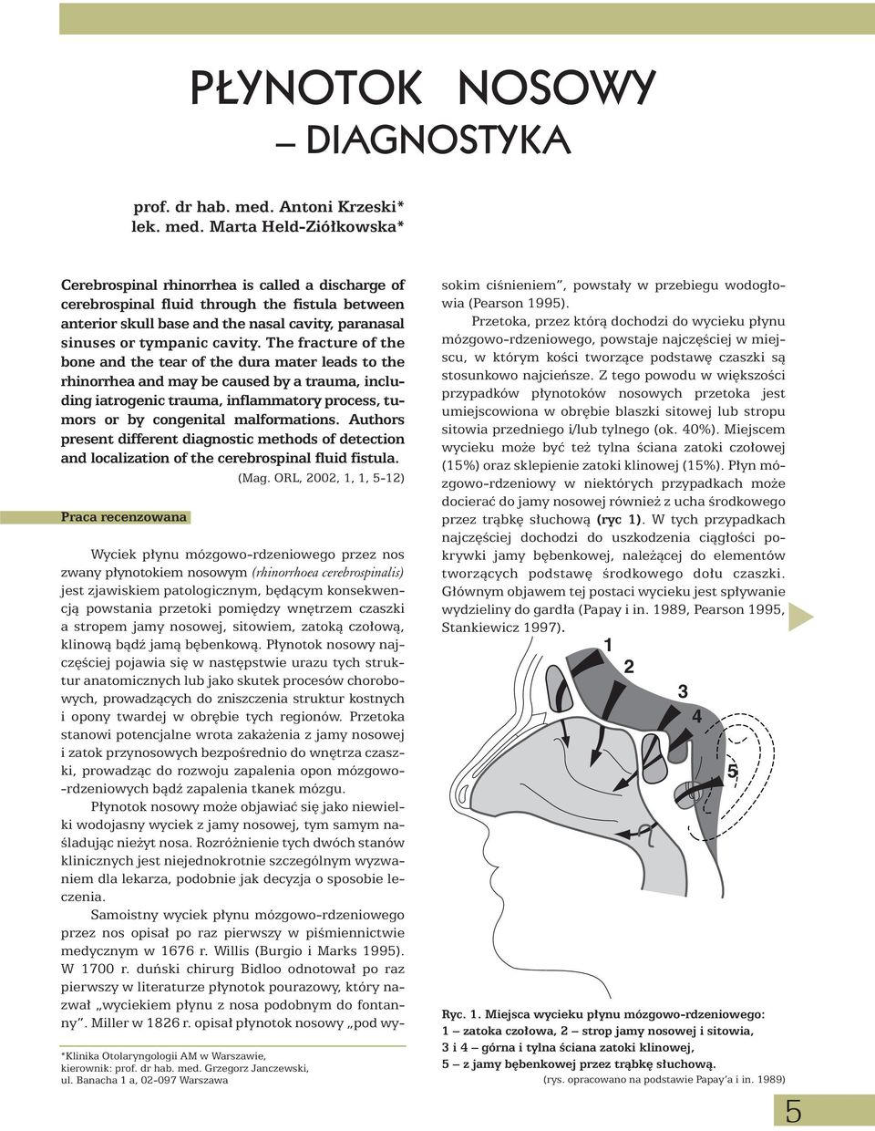 Marta Held-Zió kowska* Cerebrospinal rhinorrhea is called a discharge of cerebrospinal fluid through the fistula between anterior skull base and the nasal cavity, paranasal sinuses or tympanic cavity.