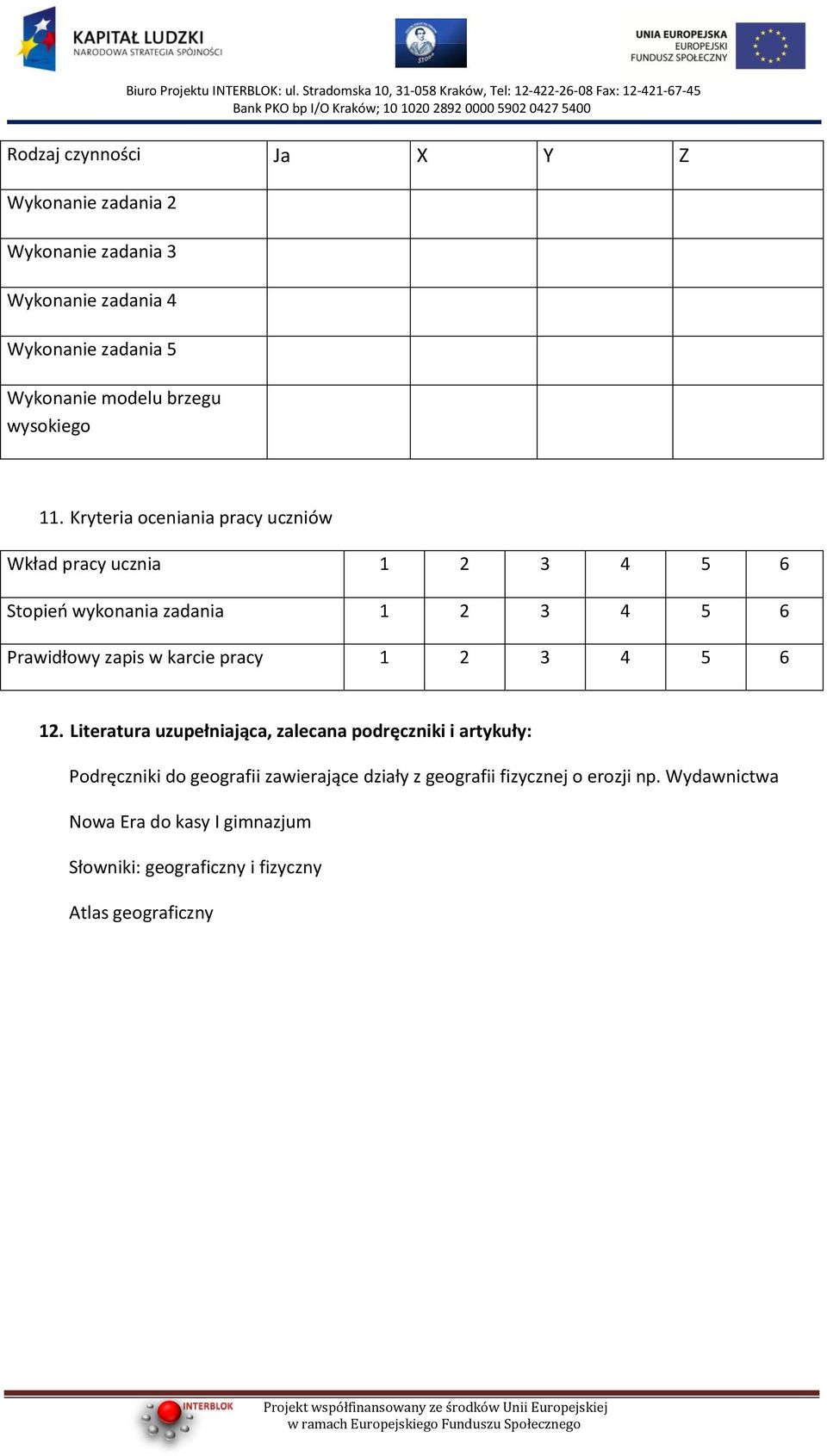 Kryteria oceniania pracy uczniów Wkład pracy ucznia 1 2 3 4 5 6 Stopieo wykonania zadania 1 2 3 4 5 6 Prawidłowy zapis w karcie