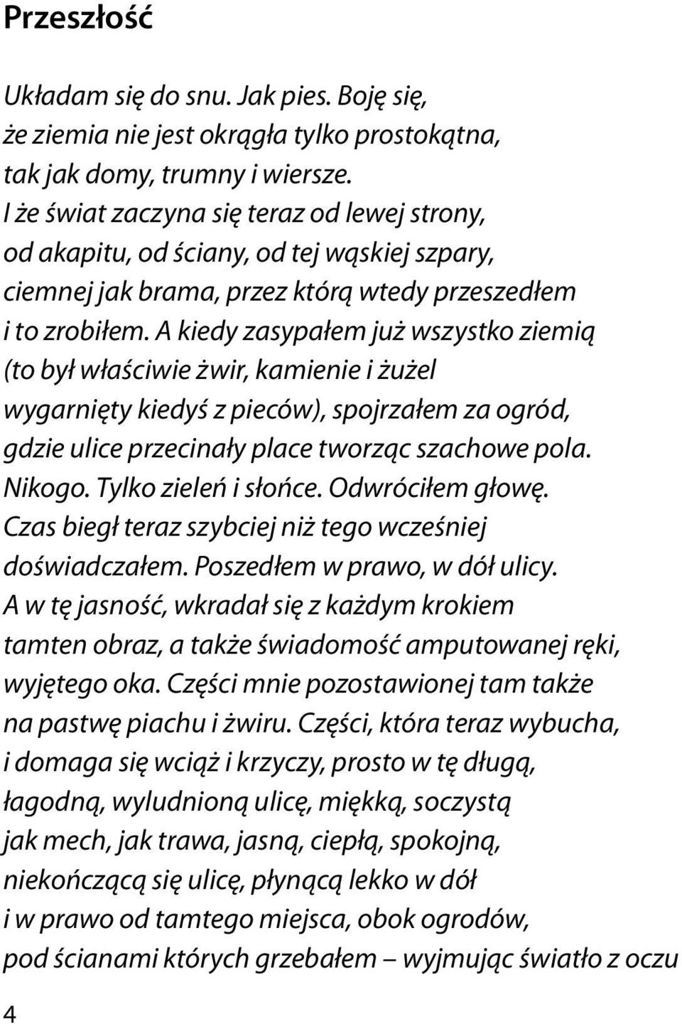 A kiedy zasypałem już wszystko ziemią (to był właściwie żwir, kamienie i żużel wygarnięty kiedyś z pieców), spojrzałem za ogród, gdzie ulice przecinały place tworząc szachowe pola. Nikogo.