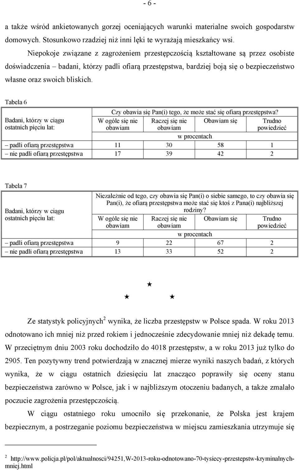 Tabela 6 Czy obawia się Pan(i) tego, że może stać się ofiarą przestępstwa?