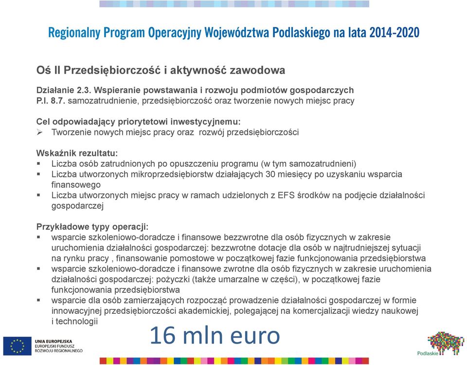 zatrudnionych po opuszczeniu programu (w tym samozatrudnieni) Liczba utworzonych mikroprzedsiębiorstw działających 30 miesięcy po uzyskaniu wsparcia finansowego Liczba utworzonych miejsc pracy w