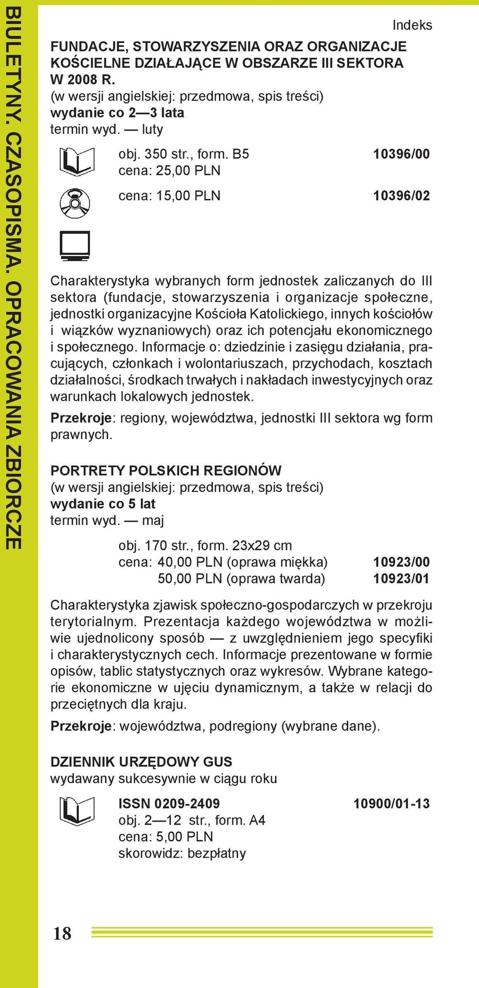 B5 10396/00 cena: 25,00 PLN 10396/02 Charakterystyka wybranych form jednostek zaliczanych do III sektora (fundacje, stowarzyszenia i organizacje społeczne, jednostki organizacyjne Kościoła