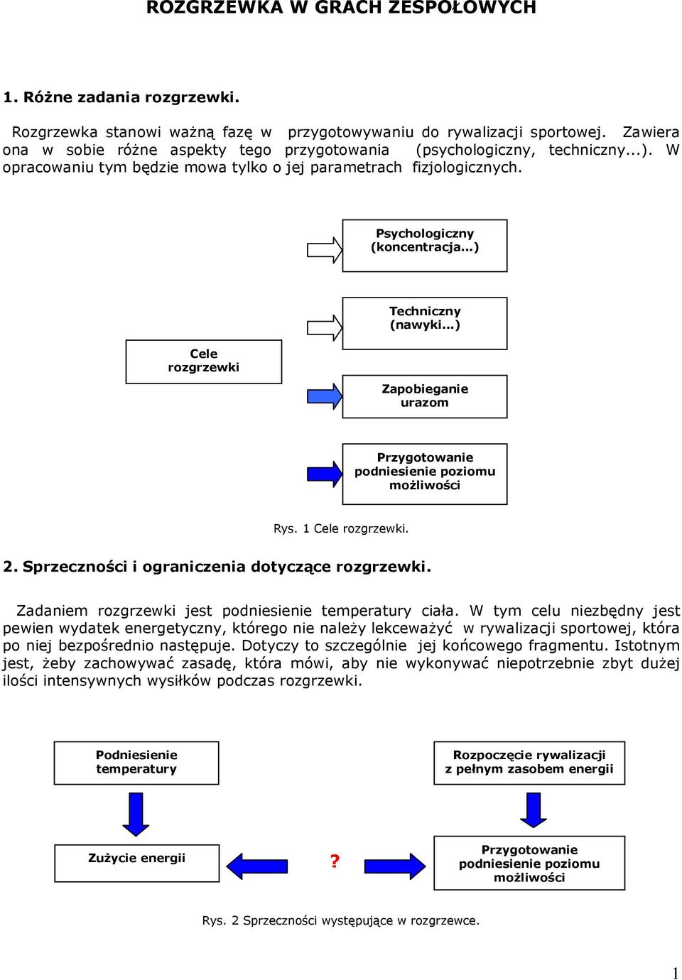 ..) Techniczny (nawyki...) Cele rozgrzewki Zapobieganie urazom Przygotowanie podniesienie poziomu moŝliwości Rys. 1 Cele rozgrzewki. 2. Sprzeczności i ograniczenia dotyczące rozgrzewki.