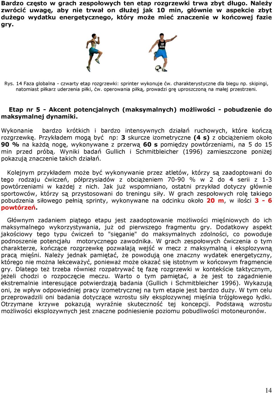 14 Faza globalna - czwarty etap rozgrzewki: sprinter wykonuje ćw. charakterystyczne dla biegu np. skipingi, natomiast piłkarz uderzenia piłki, ćw.