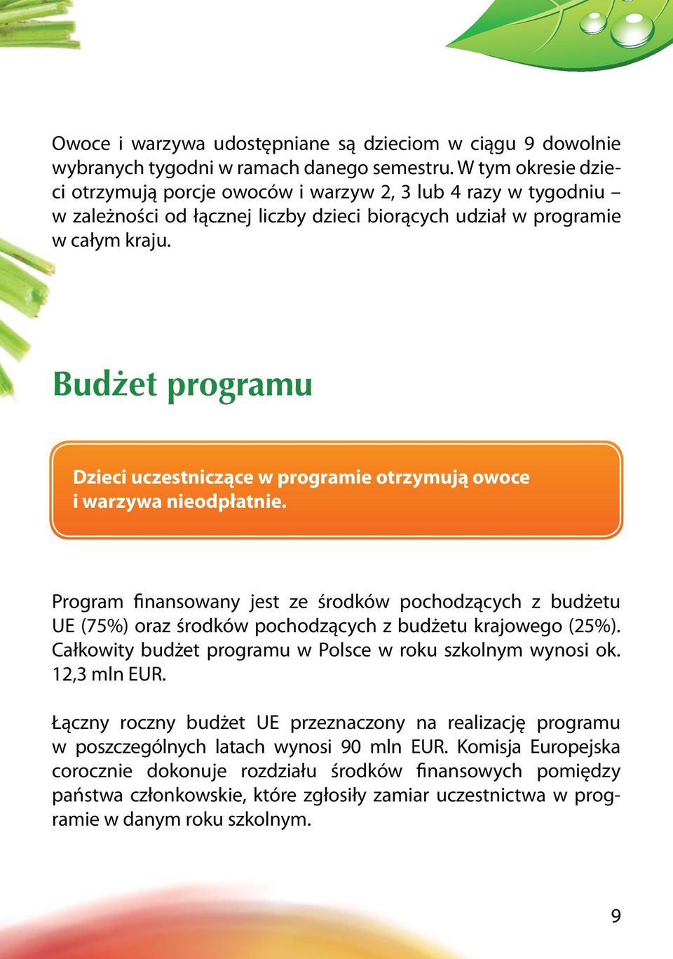 Budżet programu Dzieci uczestniczące w programie otrzymują owoce i warzywa nieodpłatnie.