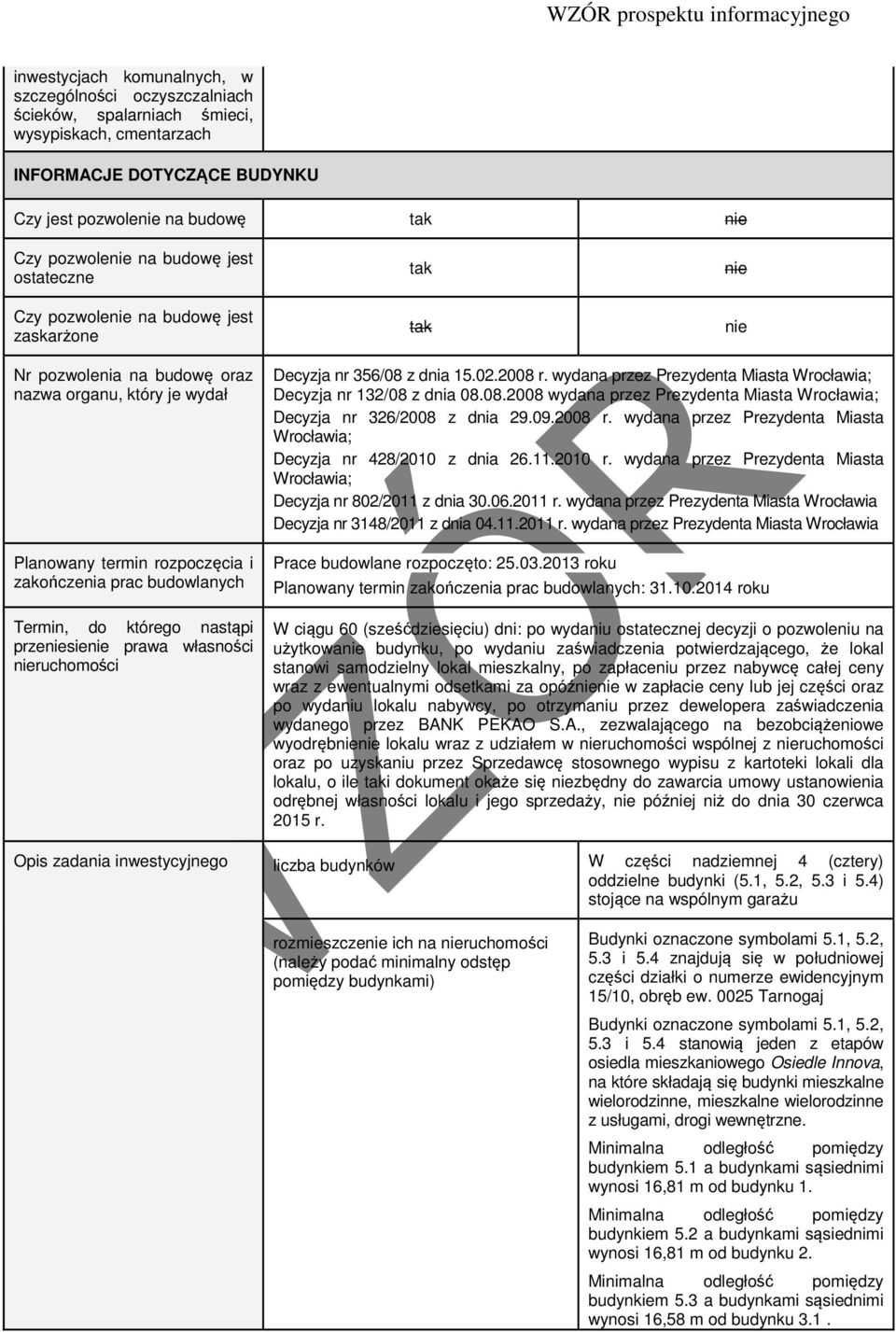 Termin, do którego nastąpi przeniesienie prawa własności nieruchomości Decyzja nr 356/08 z dnia 15.02.2008 r. wydana przez Prezydenta Miasta Wrocławia; Decyzja nr 132/08 z dnia 08.08.2008 wydana przez Prezydenta Miasta Wrocławia; Decyzja nr 326/2008 z dnia 29.