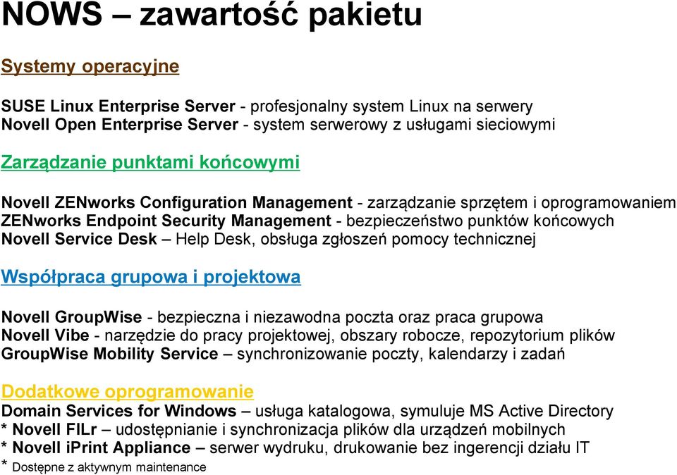 Desk, obsługa zgłoszeń pomocy technicznej Współpraca grupowa i projektowa Novell GroupWise - bezpieczna i niezawodna poczta oraz praca grupowa Novell Vibe - narzędzie do pracy projektowej, obszary