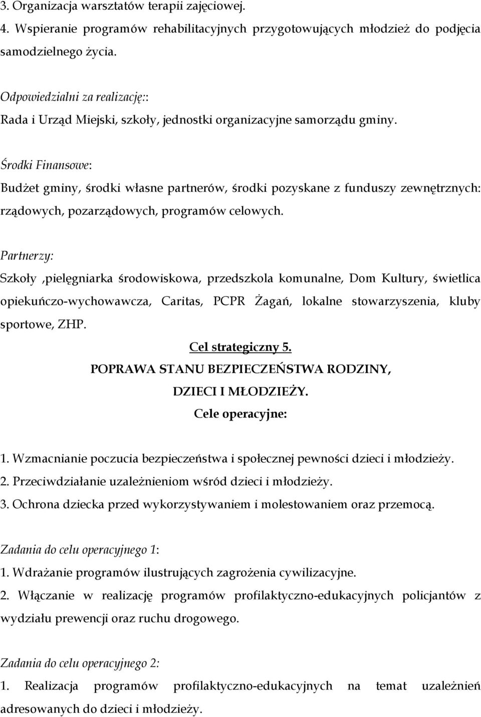 Środki Finansowe: Budżet gminy, środki własne partnerów, środki pozyskane z funduszy zewnętrznych: rządowych, pozarządowych, programów celowych.