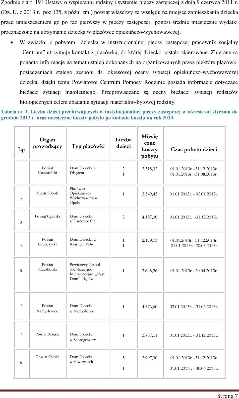 opiekuńczo-wychowawczej. W związku z pobytem dziecka w instytucjonalnej pieczy zastępczej pracownik socjalny Centrum utrzymuje kontakt z placówką, do której dziecko zostało skierowane.