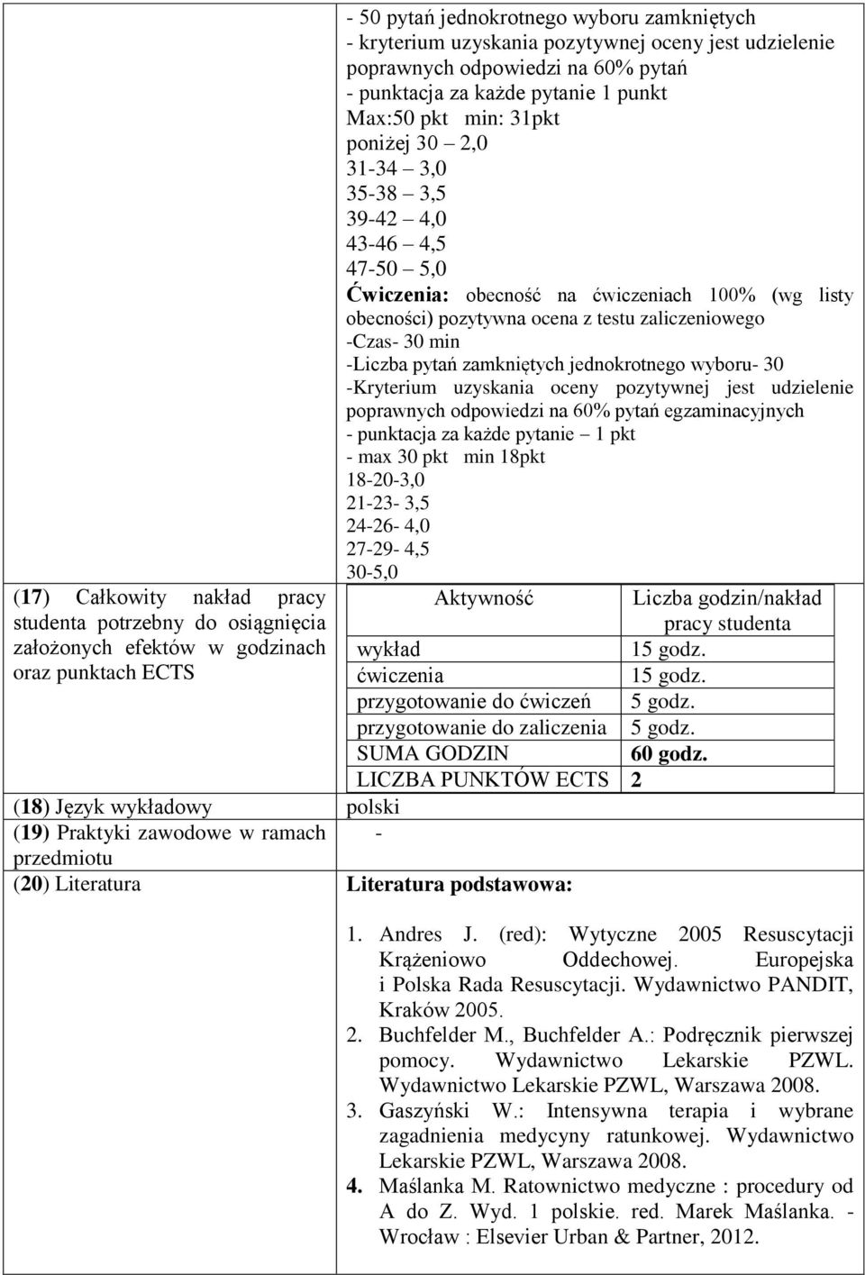 punkt Max:50 pkt min: 31pkt poniżej 30 2,0 31-34 3,0 35-38 3,5 39-42 4,0 43-46 4,5 47-50 5,0 Ćwiczenia: obecność na ćwiczeniach 100% (wg listy obecności) pozytywna ocena z testu zaliczeniowego -Czas-