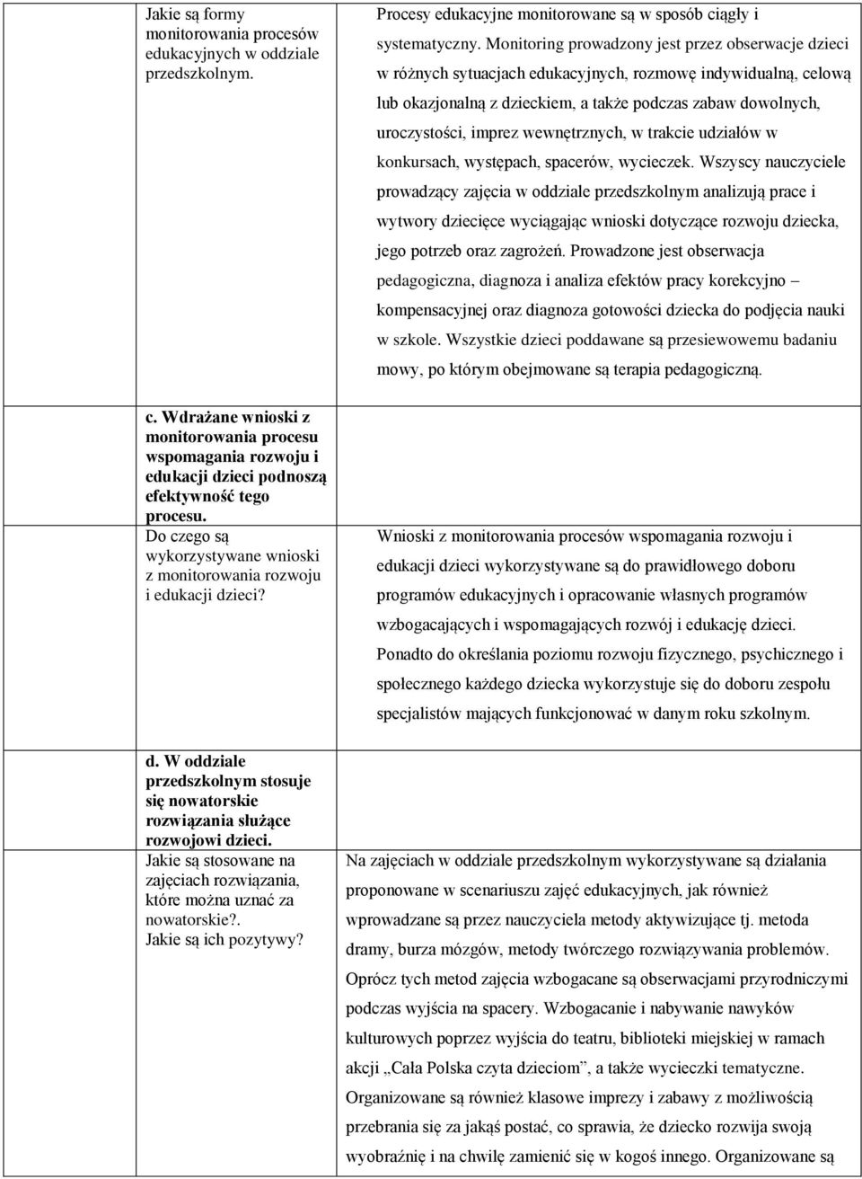 Jakie są stosowane na zajęciach rozwiązania, które można uznać za nowatorskie?. Jakie są ich pozytywy? Procesy edukacyjne monitorowane są w sposób ciągły i systematyczny.