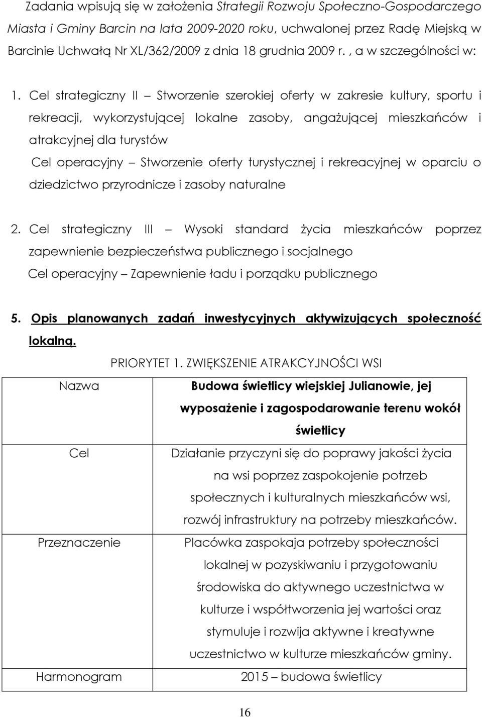Cel strategiczny II Stworzenie szerokiej oferty w zakresie kultury, sportu i rekreacji, wykorzystującej lokalne zasoby, angażującej mieszkańców i atrakcyjnej dla turystów Cel operacyjny Stworzenie