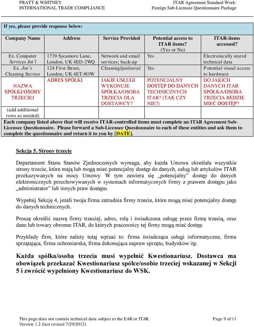 Electronically stored services; back-up technical data Cleaning/janitorial Potential visual access to hardware JAKIE USŁUGI POTENCJALNY DO JAKICH WYKONUJE DOSTĘP DO DANYCH DANYCH ITAR SPÓŁKA/OSOBA