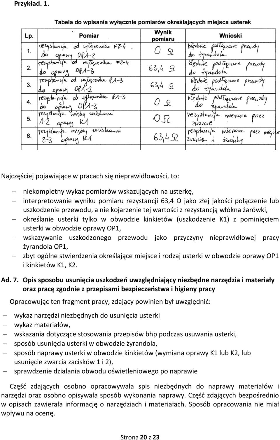 uszkodzenie przewodu, a nie kojarzenie tej wartości z rezystancją włókna żarówki, określanie usterki tylko w obwodzie kinkietów (uszkodzenie K1) z pominięciem usterki w obwodzie oprawy OP1,