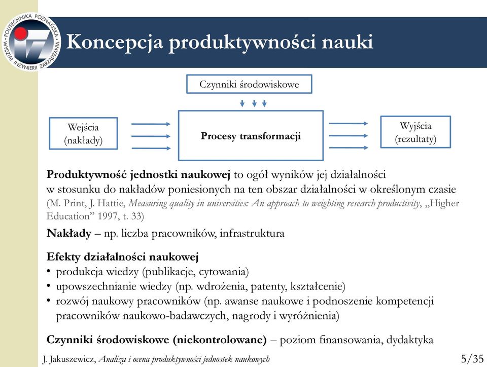 33) Nakłady np. liczba pracowników, infrastruktura Efekty działalności naukowej produkcja wiedzy (publikacje, cytowania) upowszechnianie wiedzy (np.