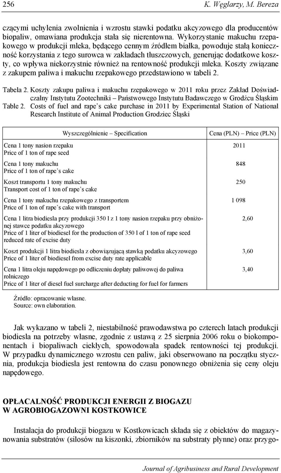 wpływa niekorzystnie również na rentowność produkcji mleka. Koszty związane z zakupem paliwa i makuchu rzepakowego przedstawiono w tabeli 2. Tabela 2.
