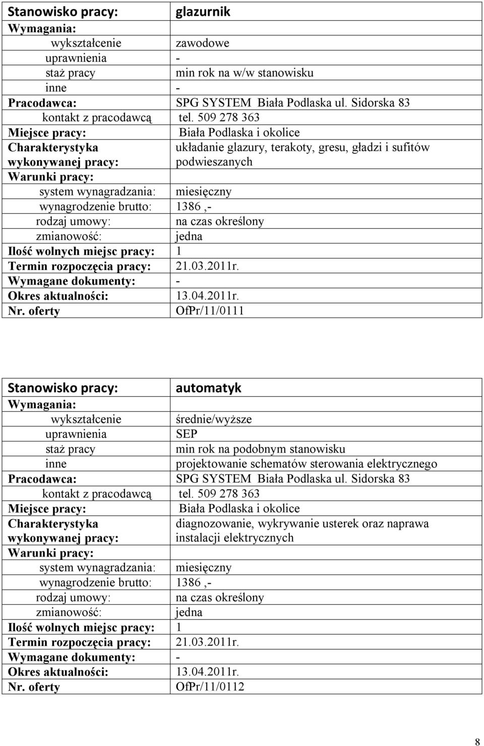 Wymagane dokumenty: - 13.04.2011r.