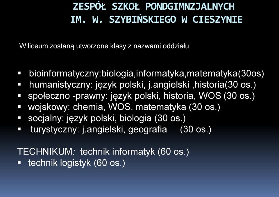 bioinformatyczny:biologia,informatyka,matematyka(30os) humanistyczny: język polski, j.angielski,historia(30 os.