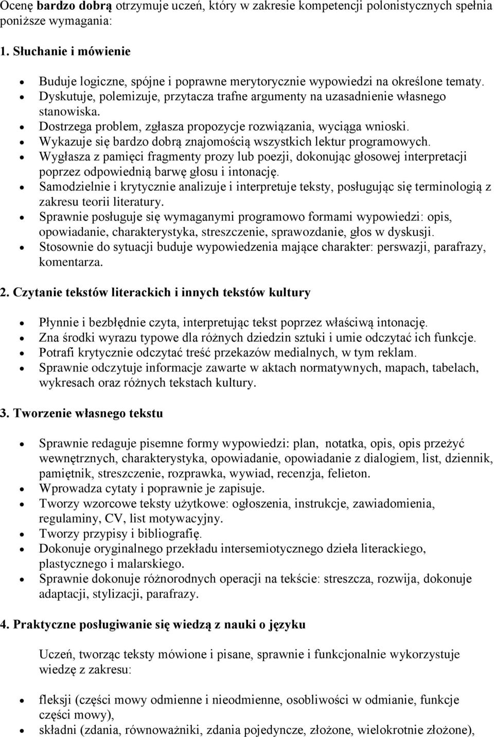 Wykazuje się bardzo dobrą znajomością wszystkich lektur programowych. Wygłasza z pamięci fragmenty prozy lub poezji, dokonując głosowej interpretacji poprzez odpowiednią barwę głosu i intonację.