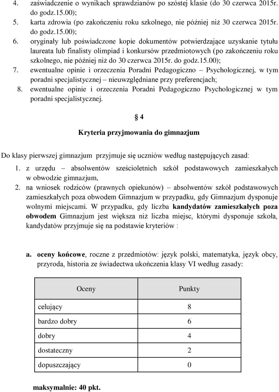 2015r. do godz.15.00); 7. ewentualne opinie i orzeczenia Poradni Pedagogiczno Psychologicznej, w tym poradni specjalistycznej nieuwzględniane przy preferencjach; 8.