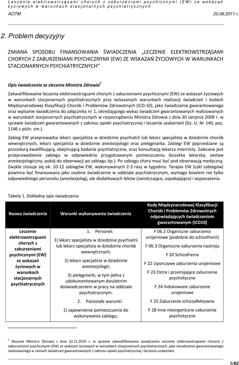 wskazanych warunkach realizacji świadczeń i kodach Międzynarodowej Klasyfikacji Chorób i Problemów Zdrowotnych (ICD 10), jako świadczenia gwarantowanego oraz wpisanie świadczenia do załącznika nr 1,