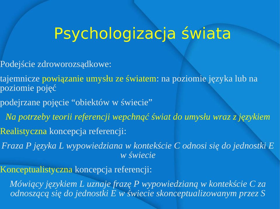 referencji: Fraza P języka L wypowiedziana w kontekście C odnosi się do jednostki E w świecie Konceptualistyczna koncepcja