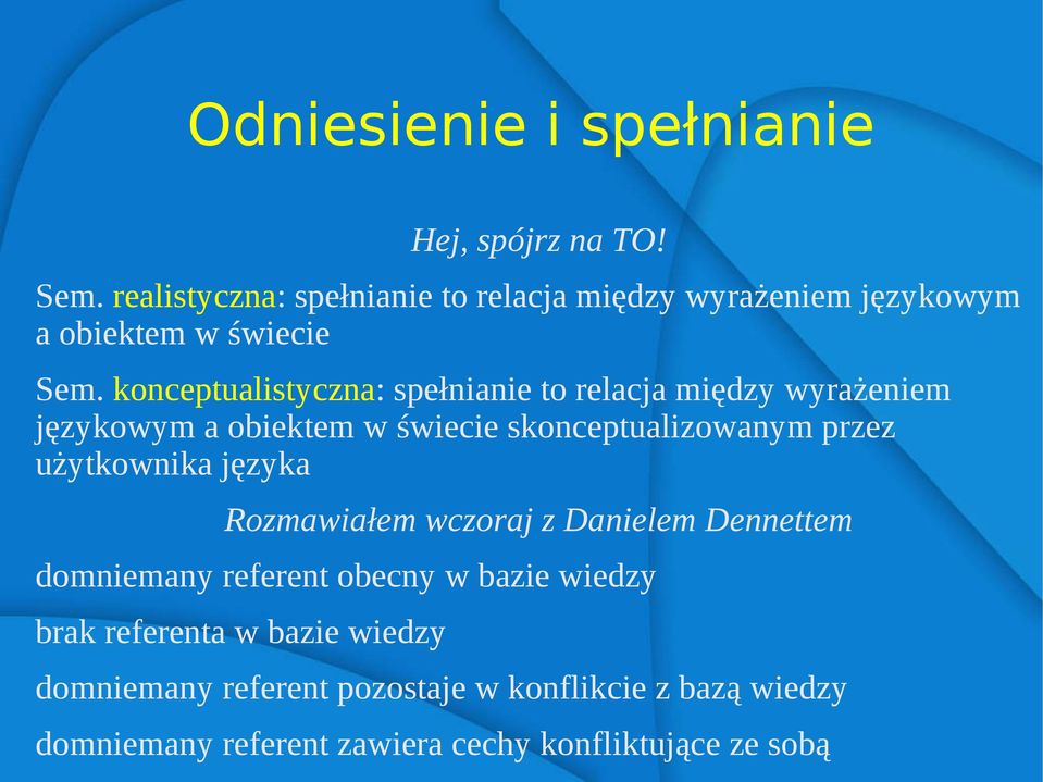 konceptualistyczna: spełnianie to relacja między wyrażeniem językowym a obiektem w świecie skonceptualizowanym przez