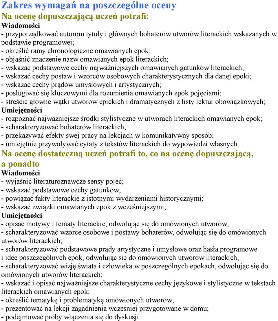 wzorców osobowych charakterystycznych dla danej epoki; - wskazać cechy prądów umysłowych i artystycznych; - posługiwać się kluczowymi dla rozumienia omawianych epok pojęciami; - streścić główne wątki